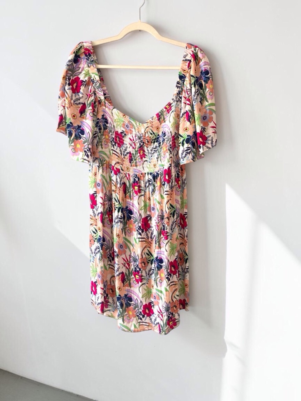 Roxy Floral Babydoll Mini Dress Smocked Bodice Puff Sleeve Large NWT